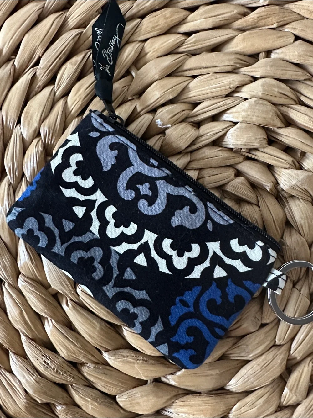 Vera Bradley Canterberry Cobalt Zip ID Case Wallet Keychain Key Ring Blue Black